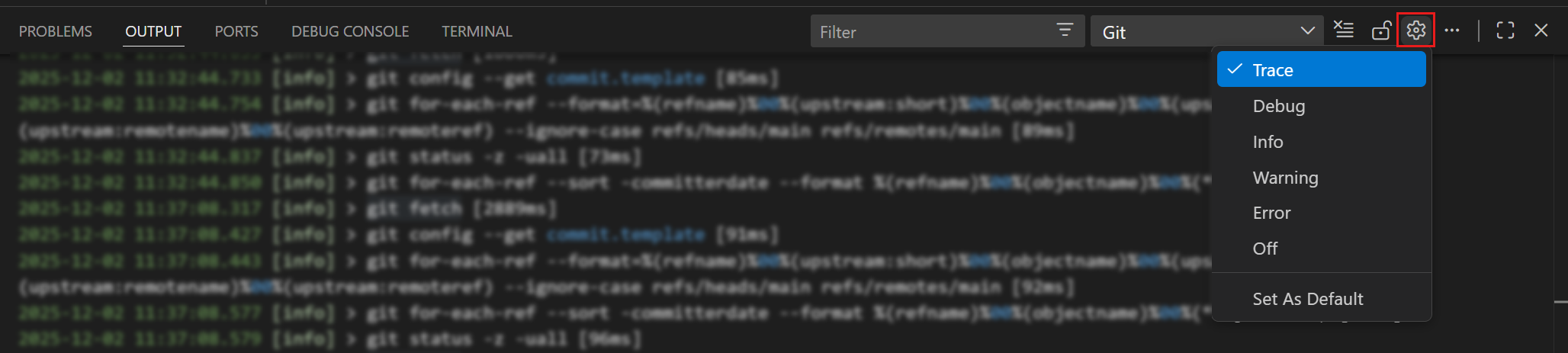 Screenshot of the Output panel log level selection.