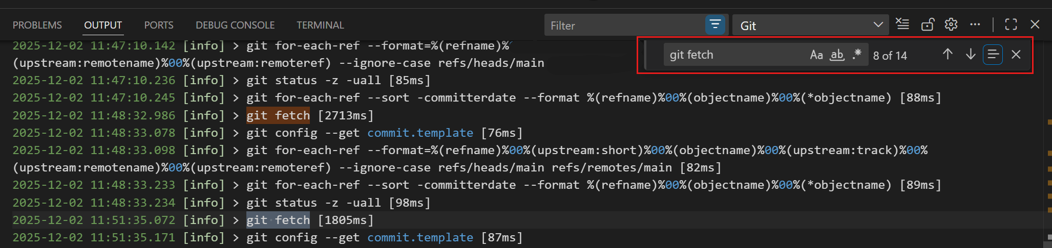 Screenshot of the Output panel search box.
