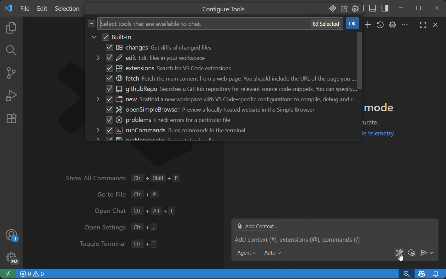 Screenshot showing the tool picker drop-down with built-in tools, MCP servers, and user-defined tool sets.