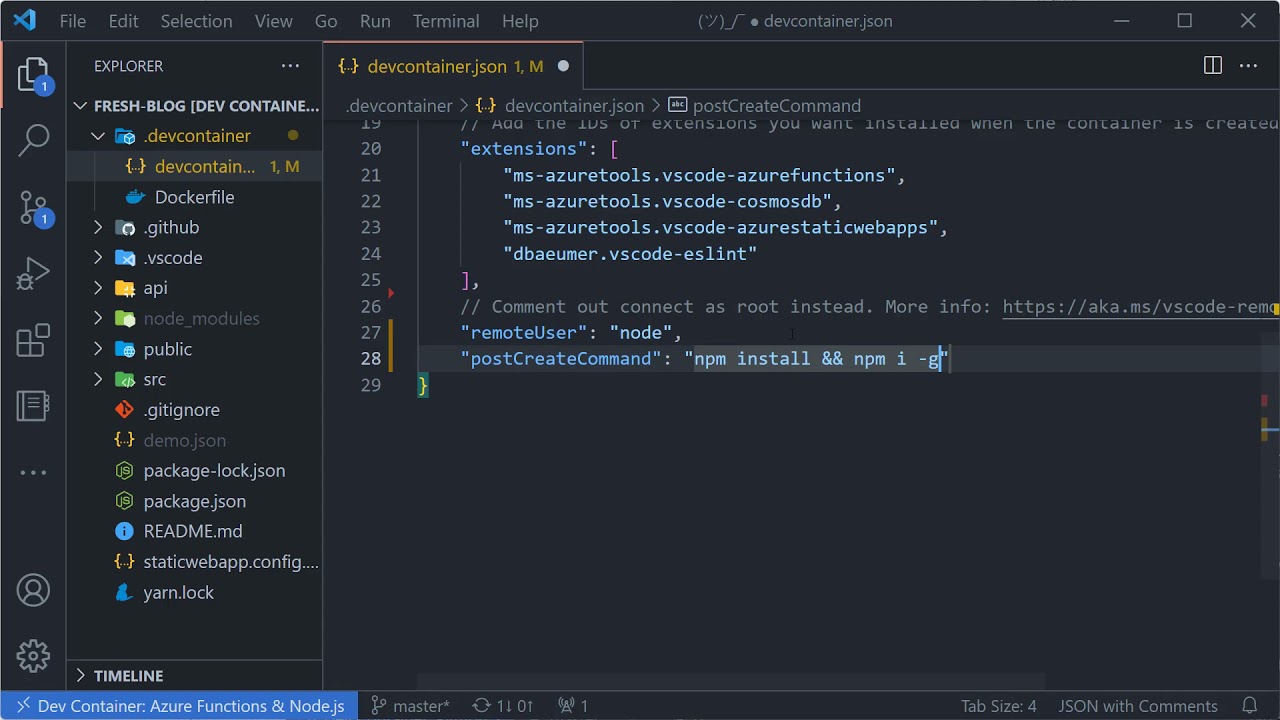 Watch How to automatically run npm install in a dev container on YouTube (opens in new tab).