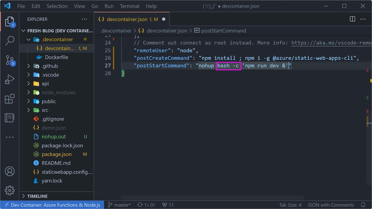 Watch How to run a project when a dev container starts on YouTube (opens in new tab).