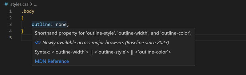 Screenshot that shows baseline browser support in the CSS hover.