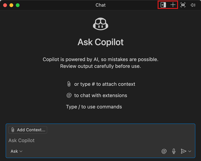 Screenshot of the Chat view in a floating window, highlighting the Dock and New Chat buttons in the title bar.