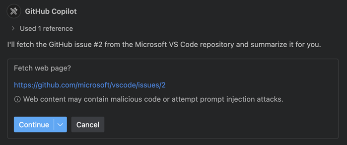 Screenshot of the fetch tool with a warning about prompt injection.