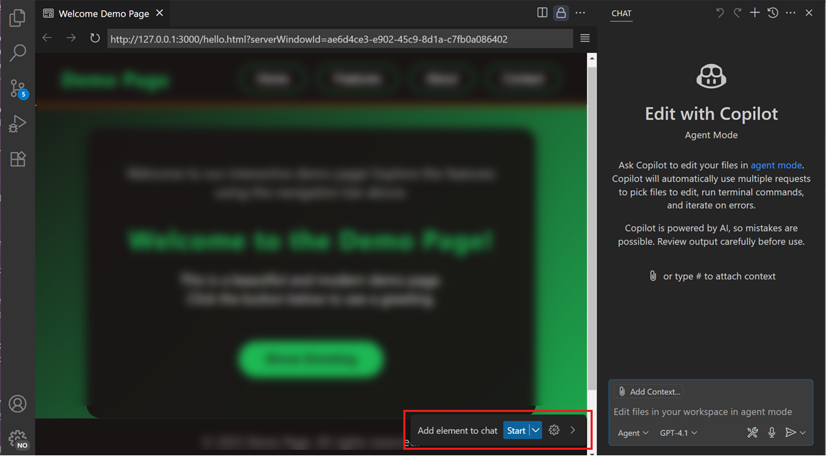 Screenshot showing the Live Preview extension, highlighting the overlay controls to select web elements from the web page.