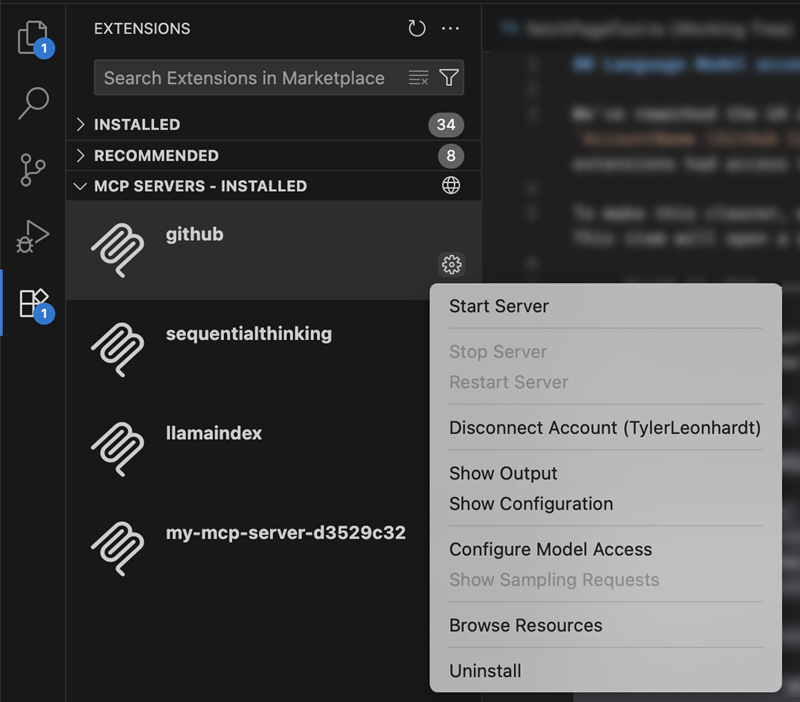 Screenshot showing the Disconnect Account action shown in MCP view gear menu.