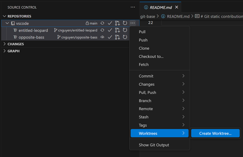 Screenshot of create worktree command in Source Control view.