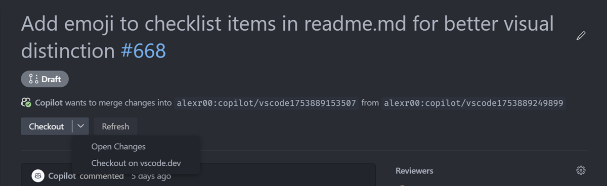 Screenshot of the simplified PR header when opening the PR details.