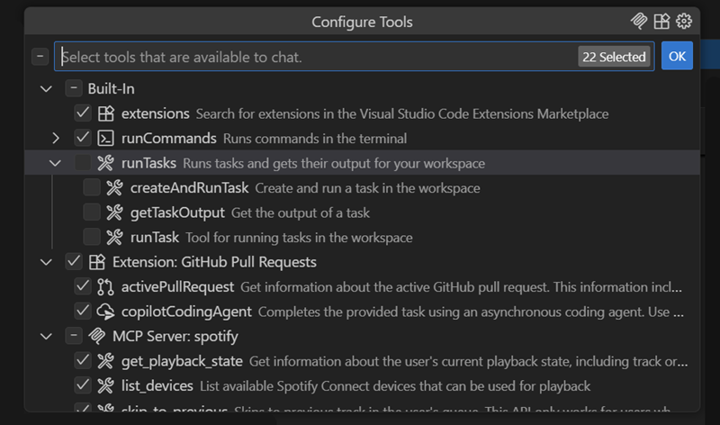 Screenshot showing the new tool picker using a quick tree, enabling collapsing and expanding nodes.