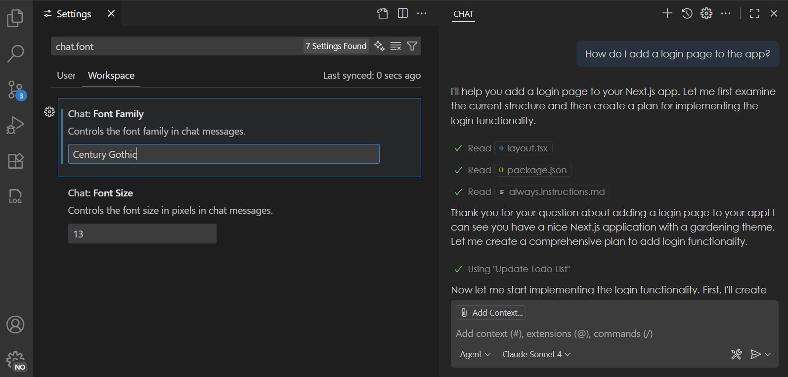 Screenshot showing the Chat view with a custom font and font size.