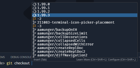 Screenshot of new icons showing for tags and branches on completions for "git checkout"