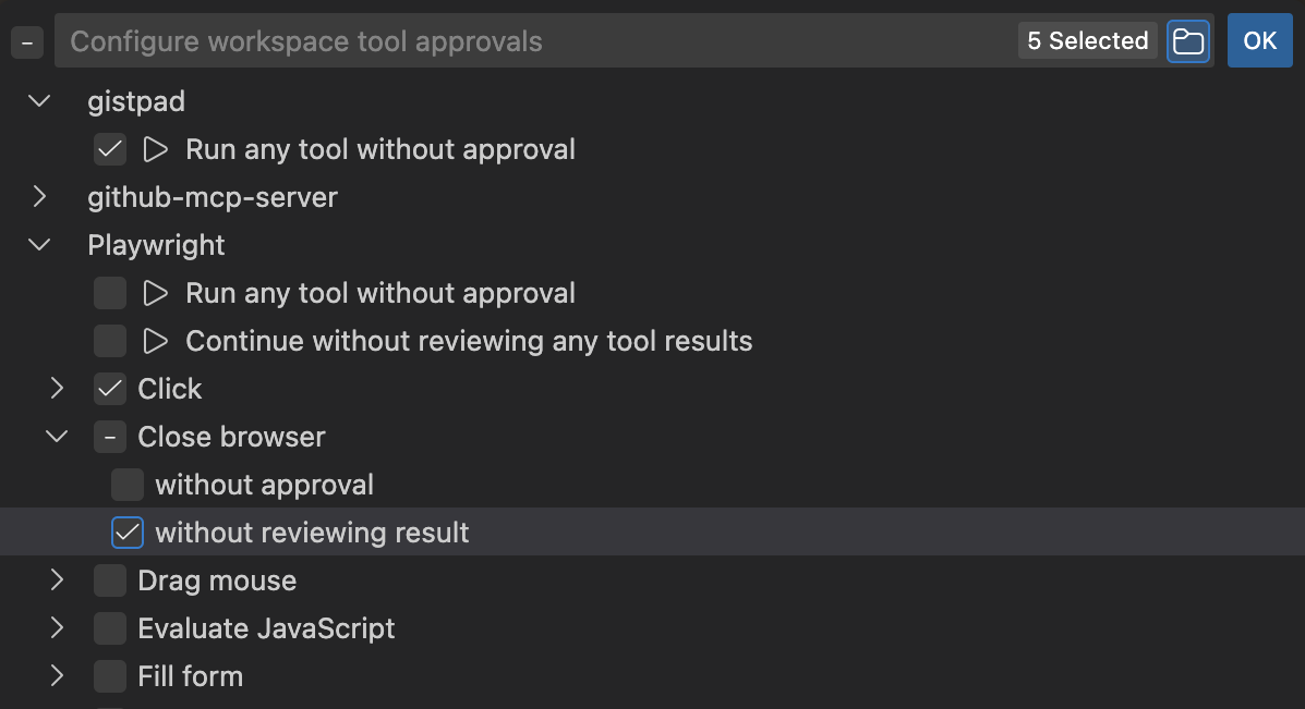 Screenshot of the Manage Tool Approval command experience, enabling tools to skip approval and skipping content review.