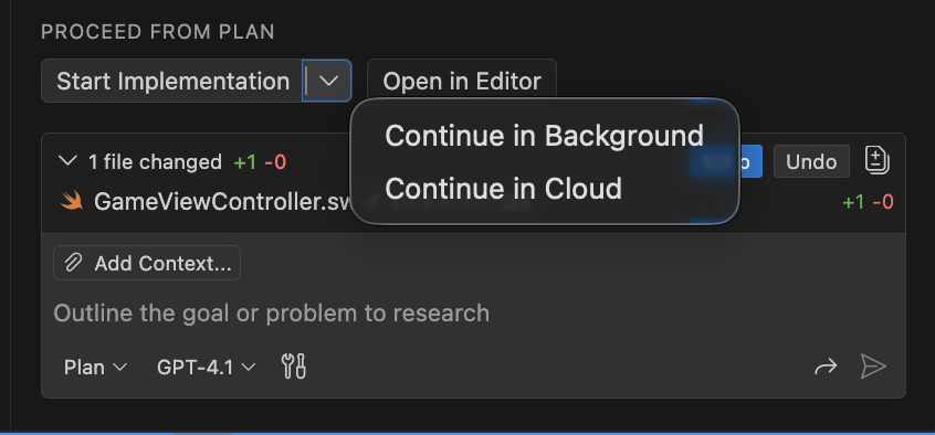 Screenshot showing the 'Start implementation' button when using the Plan agent.