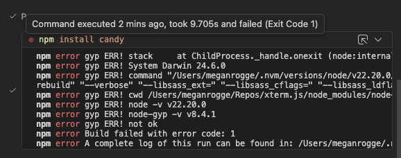 Screenshot of the terminal showing npm install candy is run by the agent and the command decoration hover displays command execution time and status.