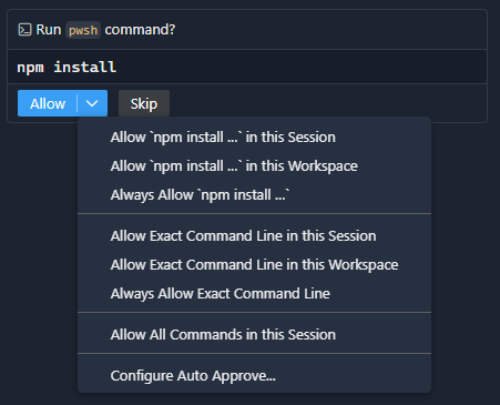 Screenshot of the Allow dropdown in the Terminal tool showing options to allow commands for the current session or workspace.