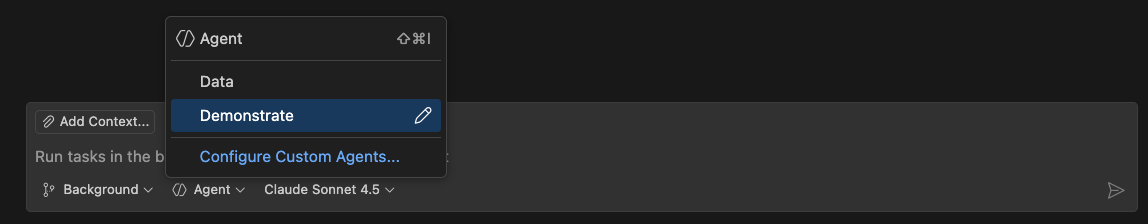Screenshot showing custom agent selection picker in background chat input.