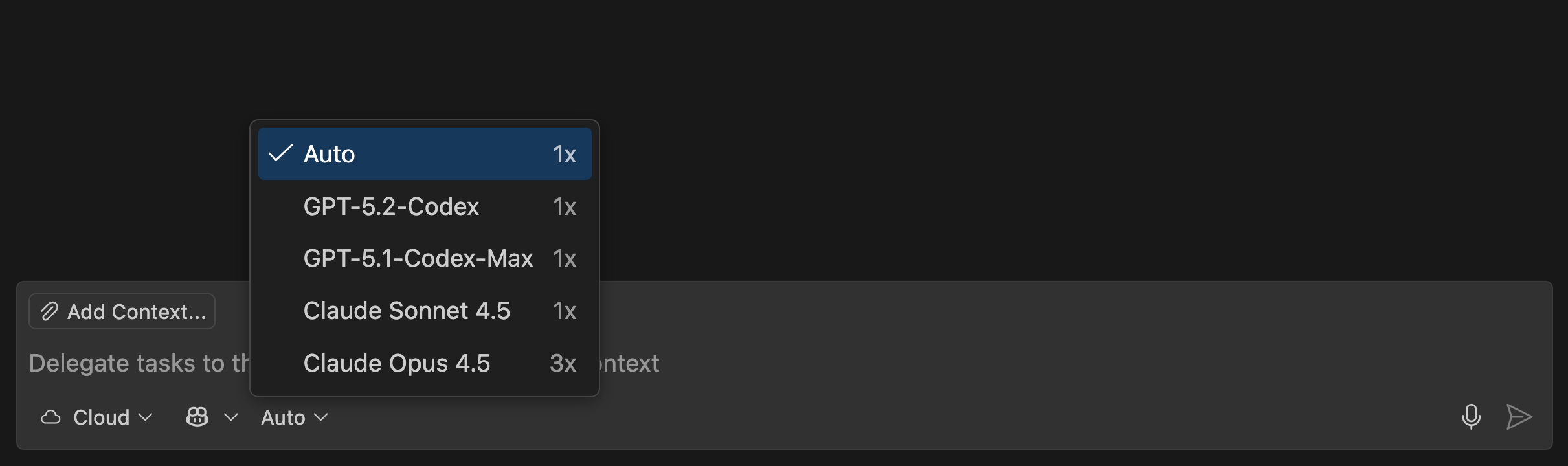 Screenshot showing cloud agent model selection picker in chat input.