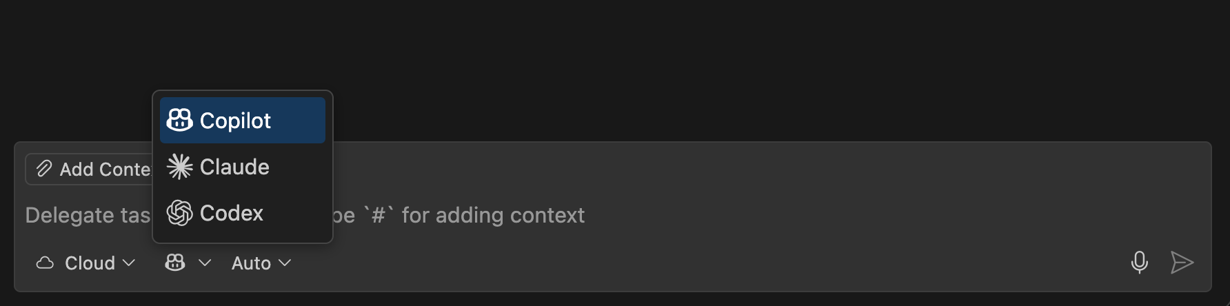 Screenshot showing cloud coding agent selection picker in chat input.