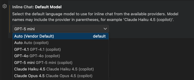 Screenshot showing the Settings editor with the inlineChat.defaultModel setting and a dropdown list of available language models.