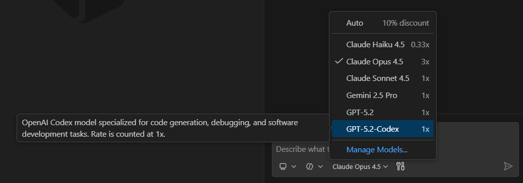 Screenshot showing the language model picker with a hover flyout describing the currently selected model, Claude Opus.