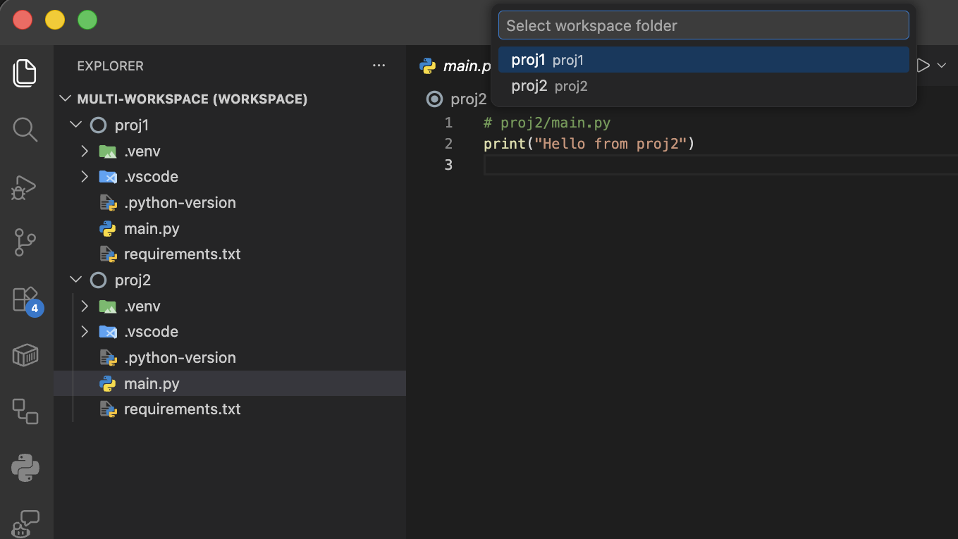 Screenshot showing the workspace folder selection prompt when opening an external terminal in a multi-root workspace.