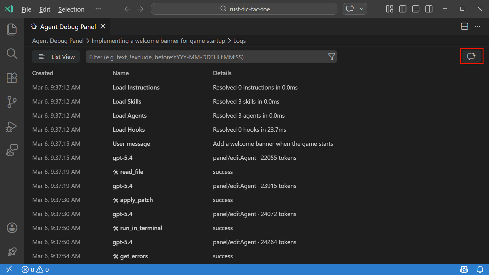 Screenshot of the option to attach debug events snapshot to chat from the Agent Debug panel.