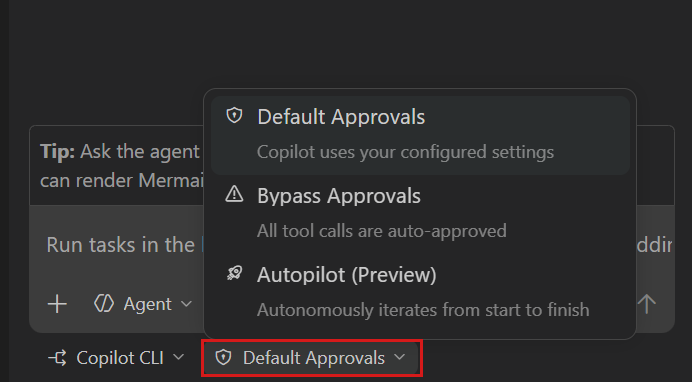 Screenshot showing the permissions level options for a Copilot CLI session, including the new Autopilot option.