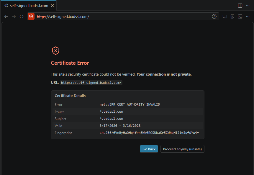 Screenshot of the integrated browser displaying a certificate error with options to go back or proceed.