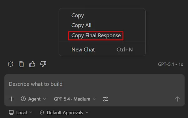 Screenshot of the Copy Final Response context menu command.