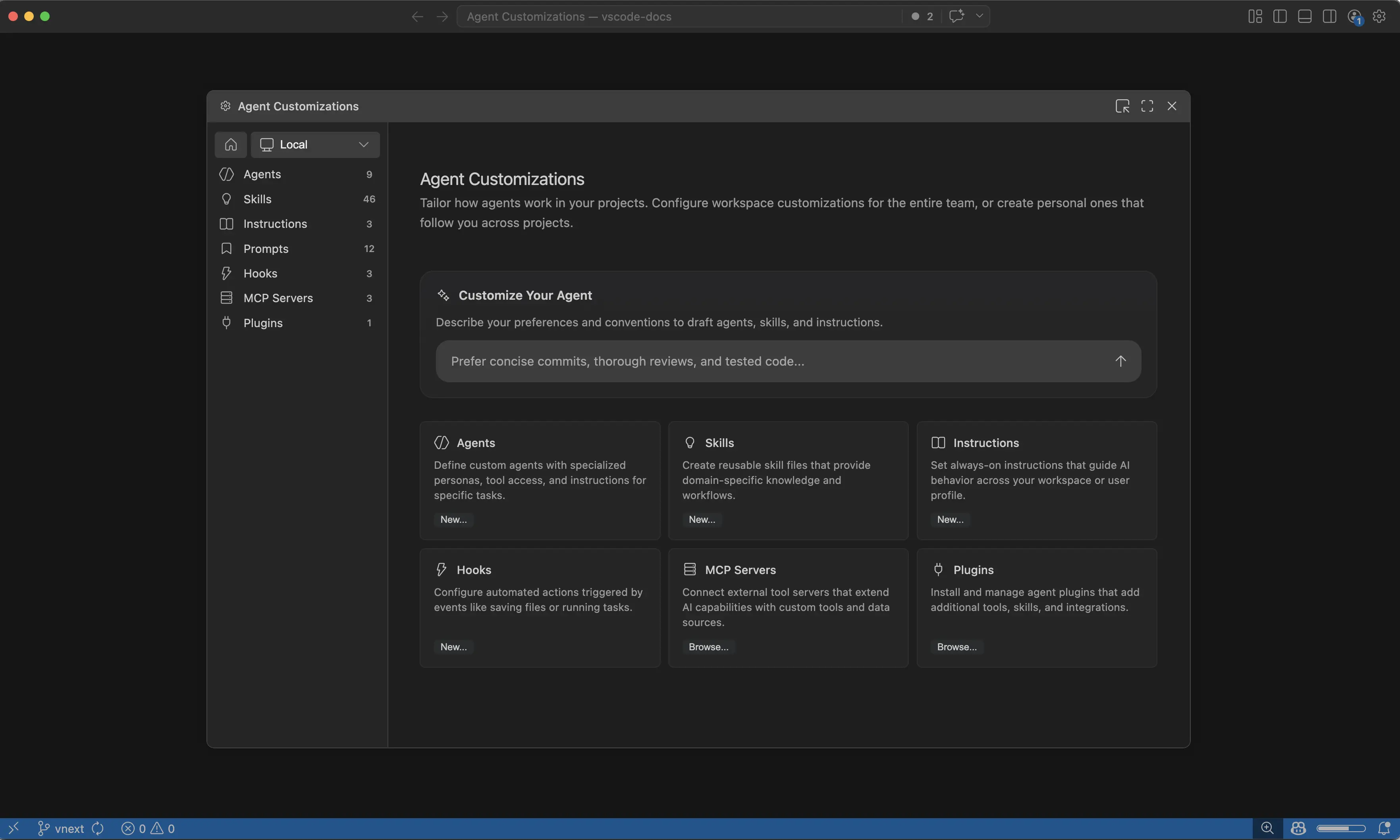 Screenshot showing the Chat Customizations welcome page with an overview of all agent customization types.