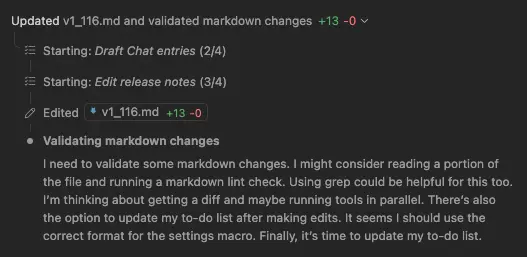 Screenshot showing improved chat rendering with streaming updates and progress indicators.