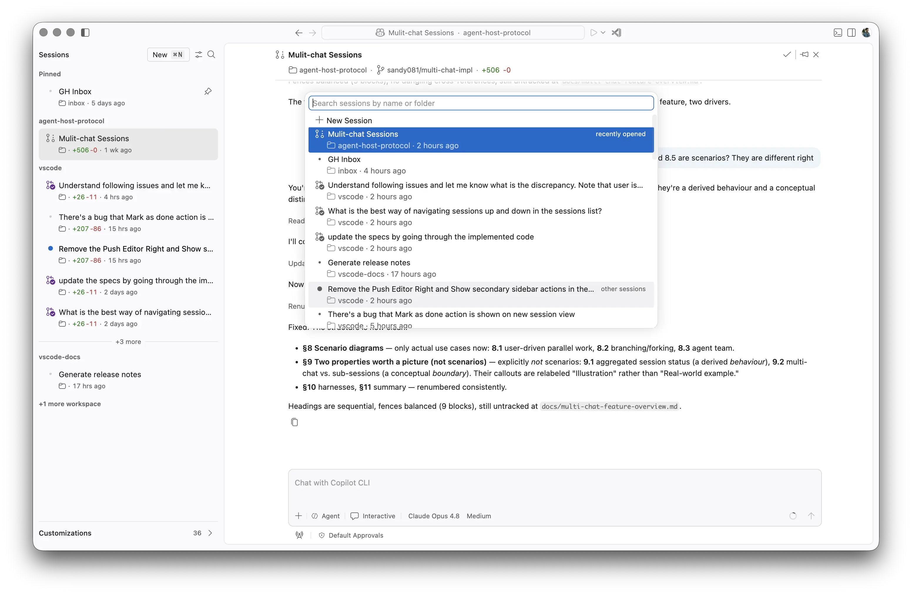Screenshot showing the sessions picker Quick Pick with sessions grouped into recently opened and other sessions.