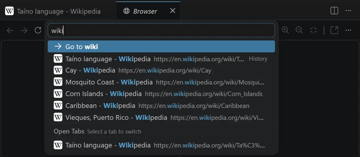 Screenshot showing the URL bar in the integrated browser, with an input of "Wiki" showing several Wikipedia pages from history.