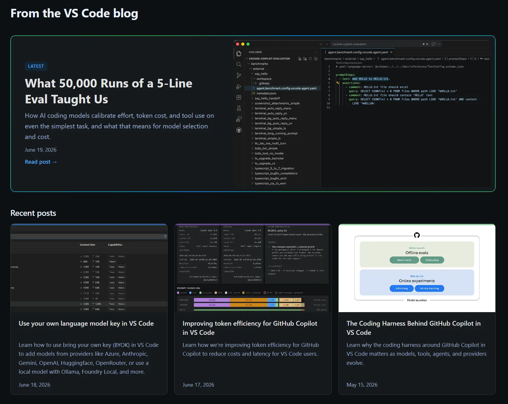 Screenshot showing the new blog landing page with a list of recent blog posts and a link to the blog archive.