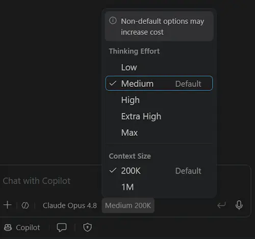 Screenshot showing the model customization picker with combined context size and reasoning effort controls.