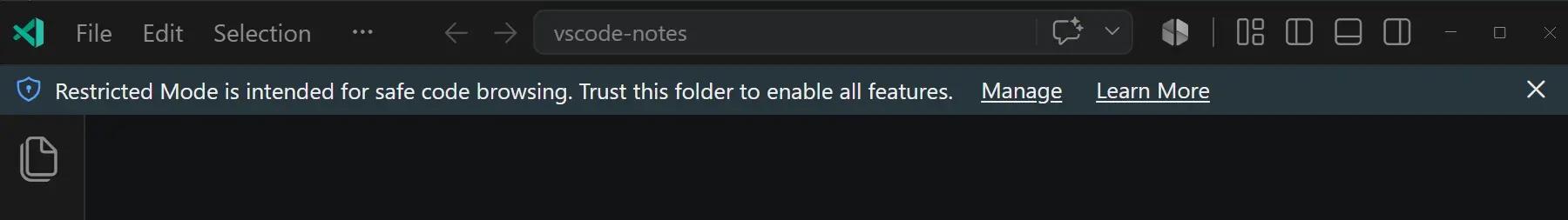 Screenshot showing the Restricted Mode banner that appears when a new folder opens, with a message that Restricted Mode is intended for safe code browsing and links to trust the folder.