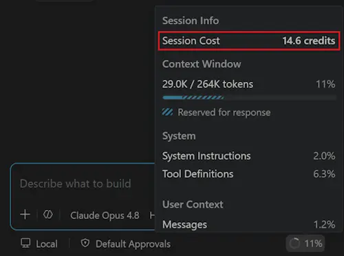 Screenshot showing the session info popover with session cost in credits and context window token usage for the whole chat session.