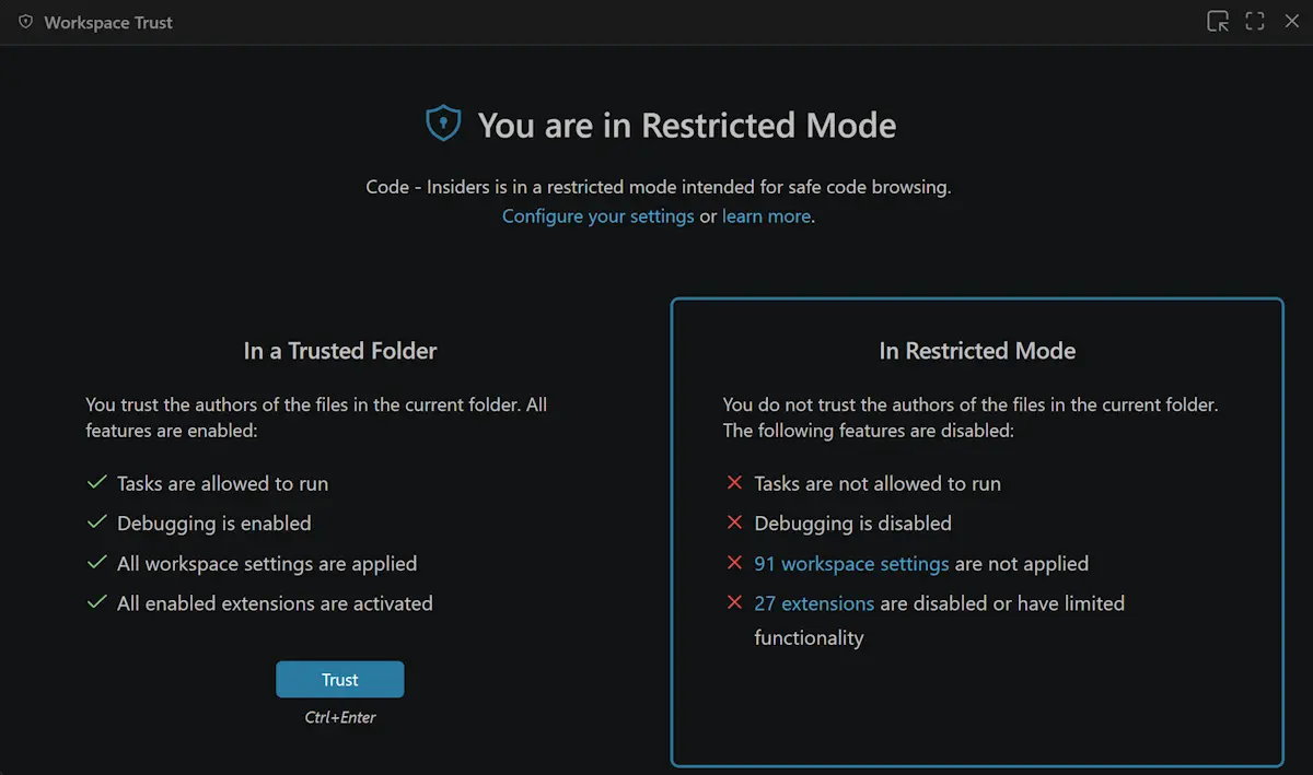 Screenshot showing the Workspace Trust editor with a single Trust button after the Trust Parent button was removed.