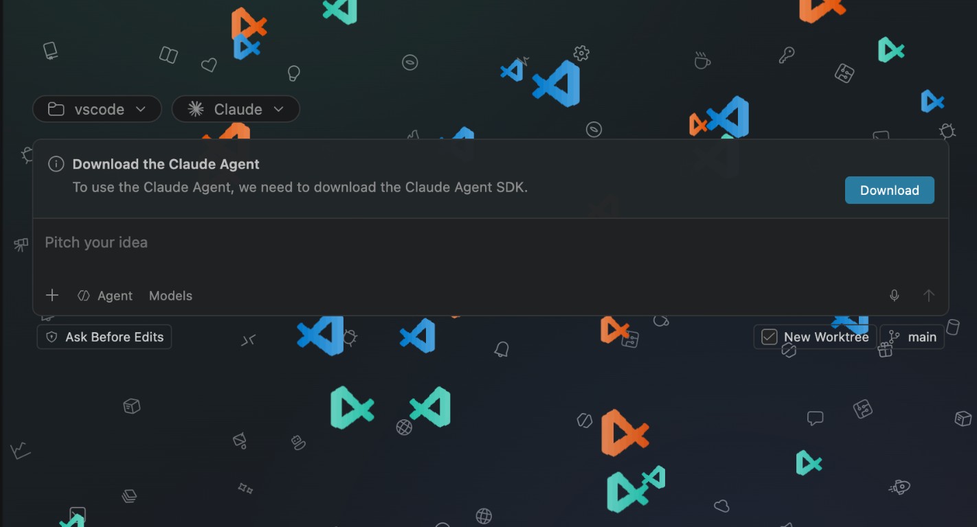 Screenshot showing the Download the Claude Agent notification above the chat input in the Agents window, with a Download action and the Claude agent selected in the harness picker.