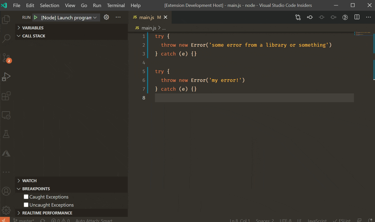 Screencapture that shows checking 'pause on caught exceptions' and entering 'err.message.includes("my error") as the condition. A thrown exception that doesn't match this condition is skipped, and the debugger than pauses on the exception that does.
