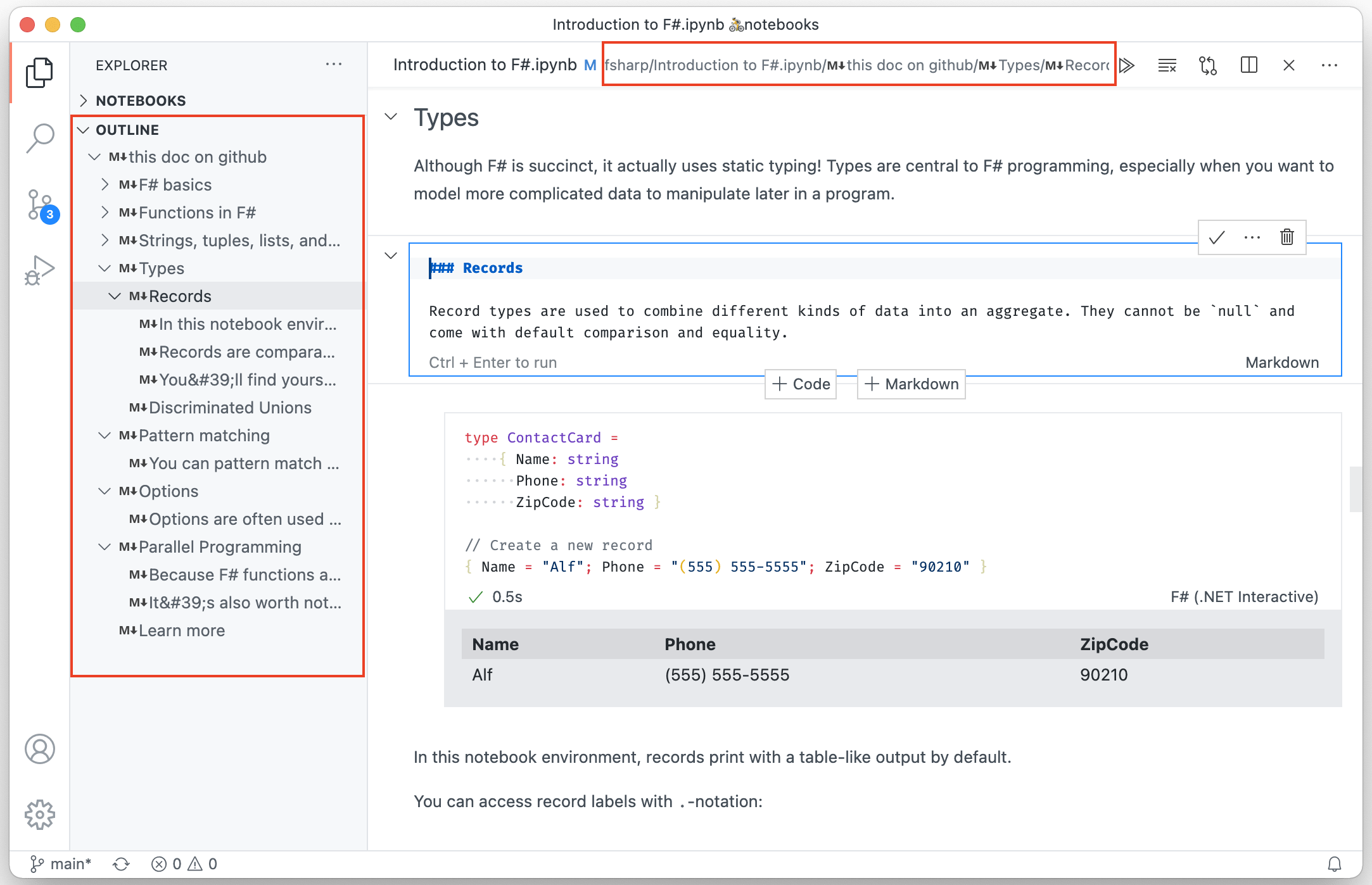 Notebook with outline and breadcrumbs